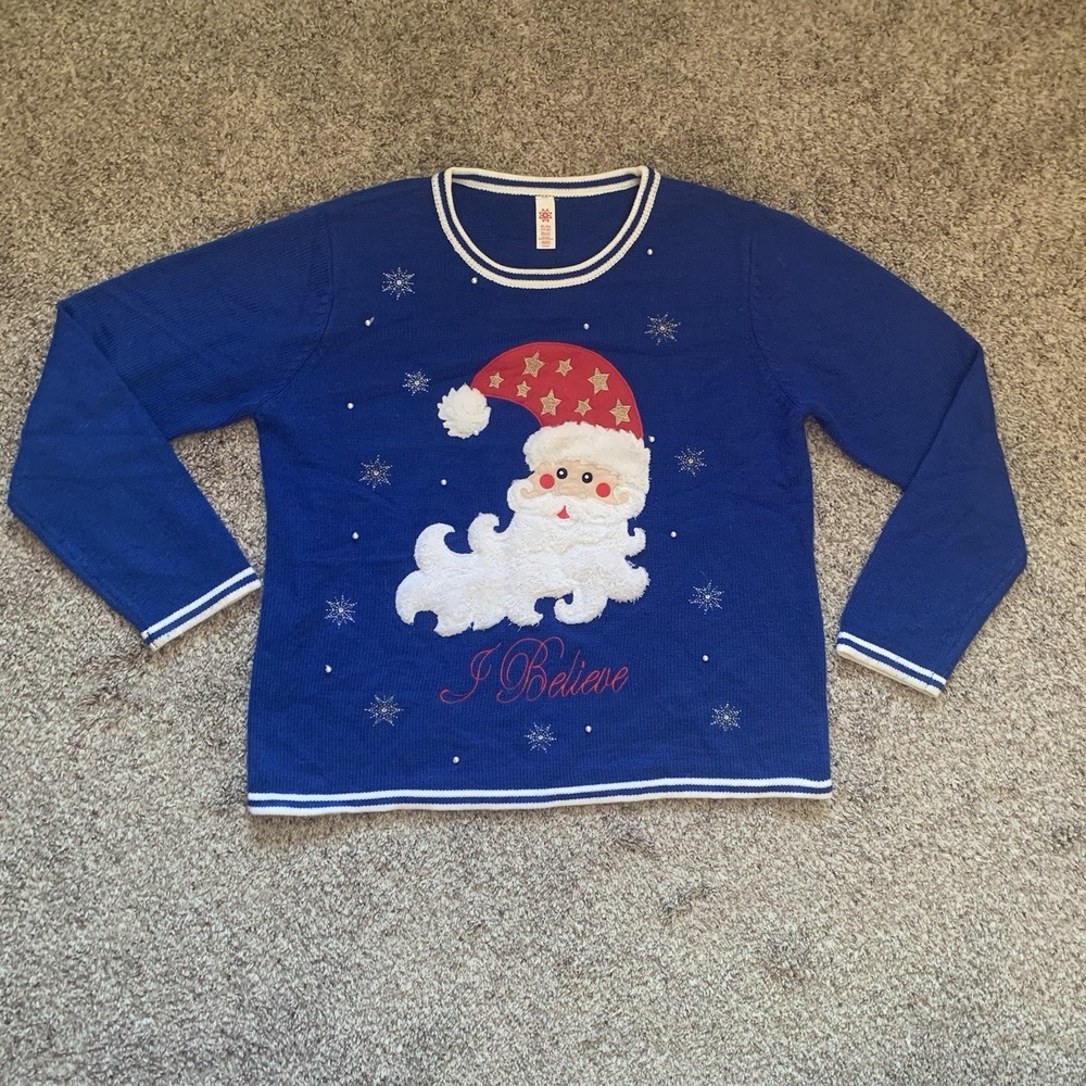 Christmas Sweater Womens Size XL Blue Santa Holiday Long‎ Sleeve
